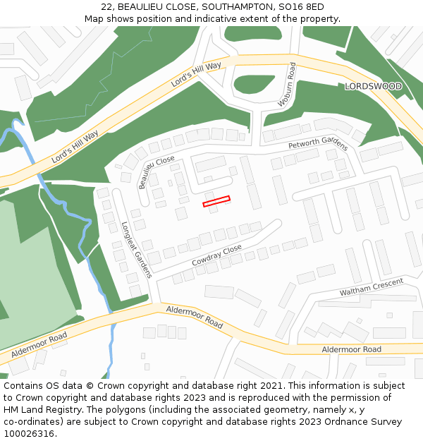 22, BEAULIEU CLOSE, SOUTHAMPTON, SO16 8ED: Location map and indicative extent of plot