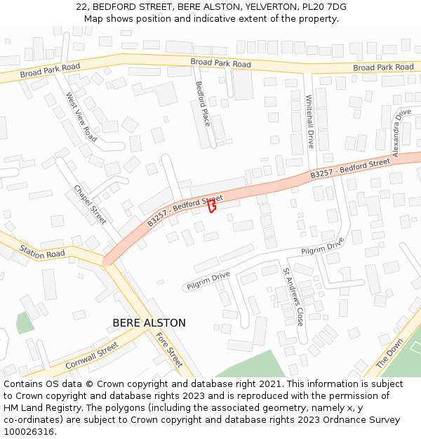 22, BEDFORD STREET, BERE ALSTON, YELVERTON, PL20 7DG: Location map and indicative extent of plot