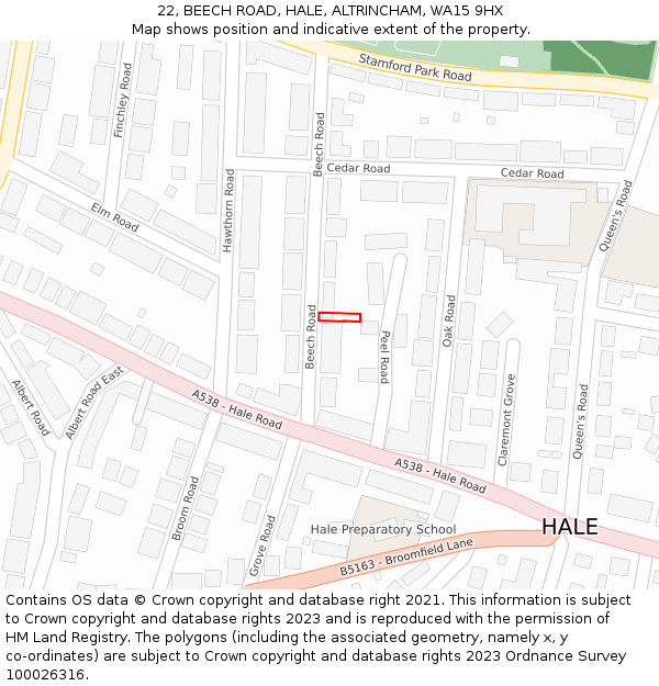 22, BEECH ROAD, HALE, ALTRINCHAM, WA15 9HX: Location map and indicative extent of plot