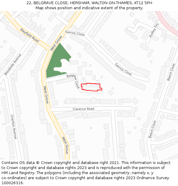 22, BELGRAVE CLOSE, HERSHAM, WALTON-ON-THAMES, KT12 5PH: Location map and indicative extent of plot