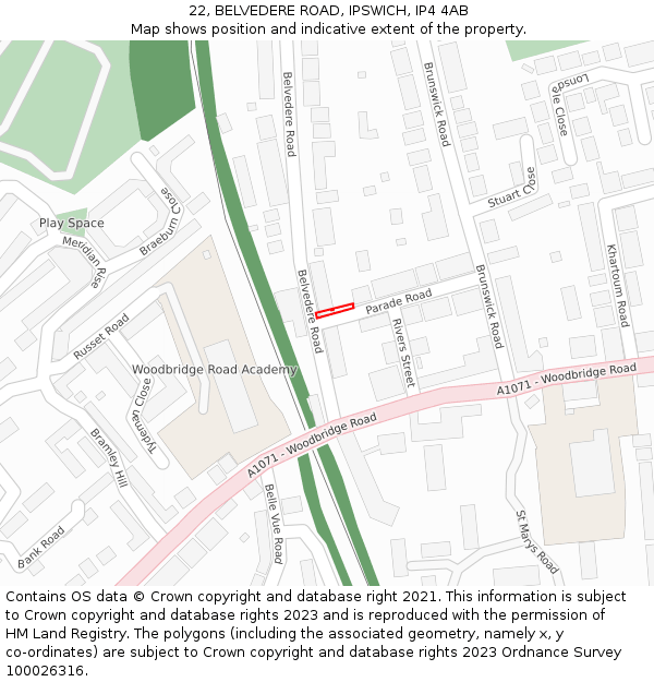 22, BELVEDERE ROAD, IPSWICH, IP4 4AB: Location map and indicative extent of plot