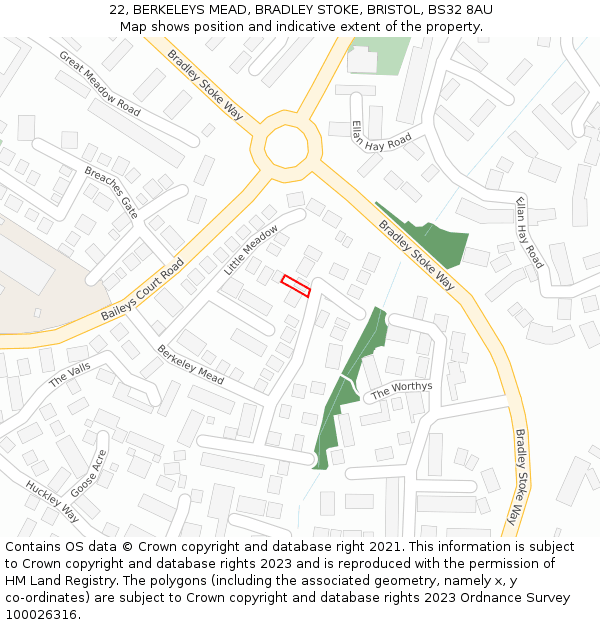 22, BERKELEYS MEAD, BRADLEY STOKE, BRISTOL, BS32 8AU: Location map and indicative extent of plot