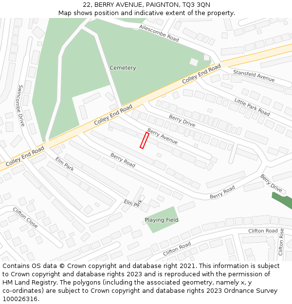 22, BERRY AVENUE, PAIGNTON, TQ3 3QN: Location map and indicative extent of plot
