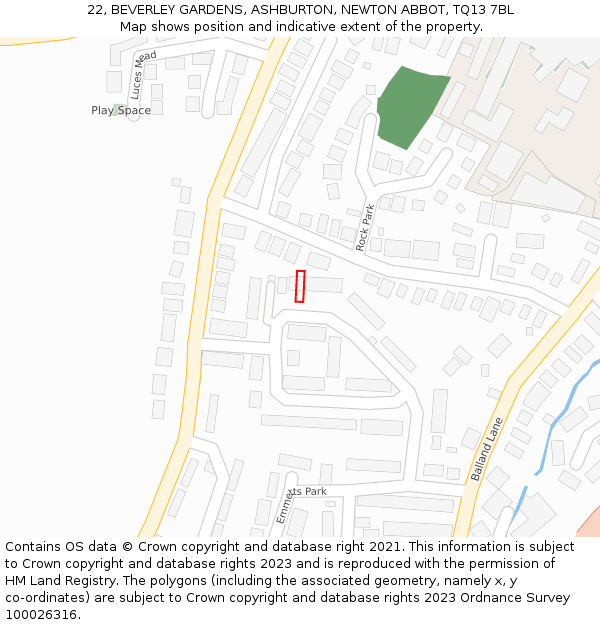 22, BEVERLEY GARDENS, ASHBURTON, NEWTON ABBOT, TQ13 7BL: Location map and indicative extent of plot