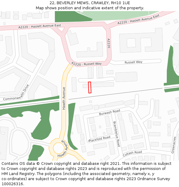 22, BEVERLEY MEWS, CRAWLEY, RH10 1UE: Location map and indicative extent of plot
