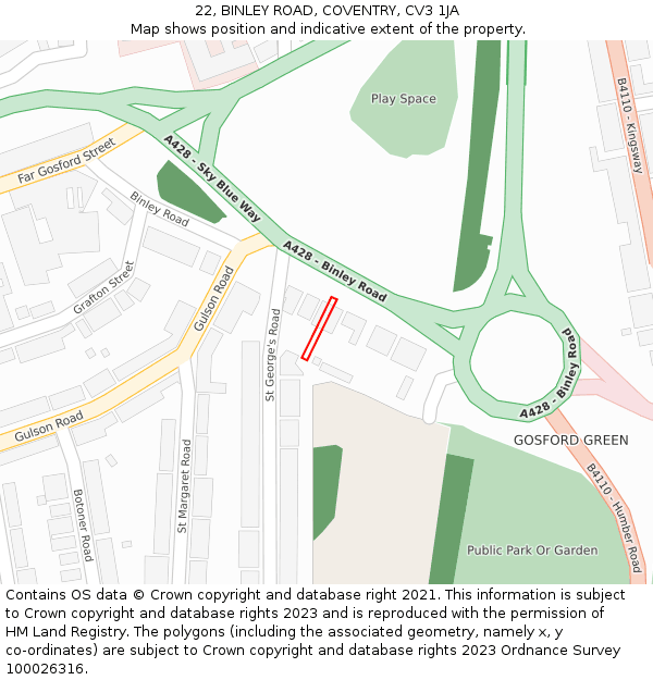 22, BINLEY ROAD, COVENTRY, CV3 1JA: Location map and indicative extent of plot