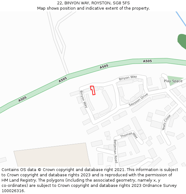 22, BINYON WAY, ROYSTON, SG8 5FS: Location map and indicative extent of plot