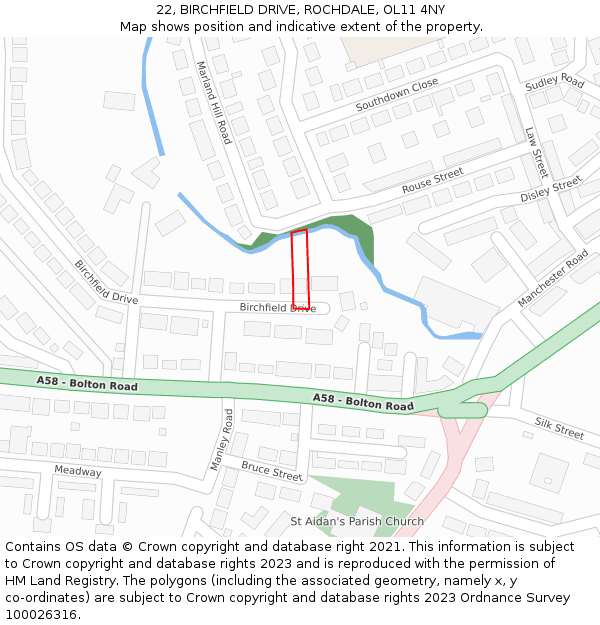 22, BIRCHFIELD DRIVE, ROCHDALE, OL11 4NY: Location map and indicative extent of plot