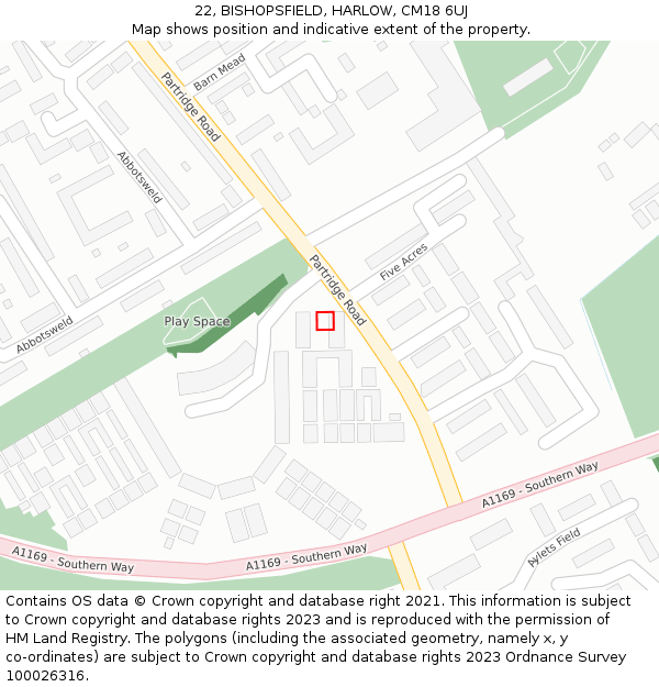 22, BISHOPSFIELD, HARLOW, CM18 6UJ: Location map and indicative extent of plot