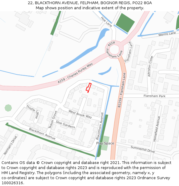 22, BLACKTHORN AVENUE, FELPHAM, BOGNOR REGIS, PO22 8GA: Location map and indicative extent of plot