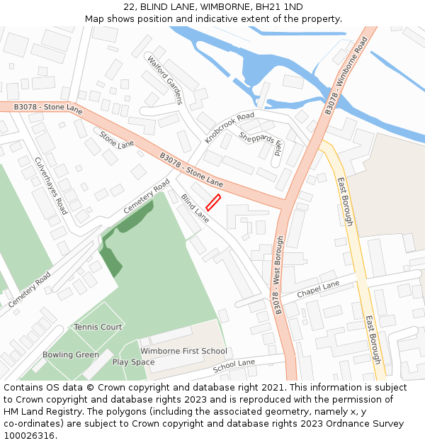 22, BLIND LANE, WIMBORNE, BH21 1ND: Location map and indicative extent of plot