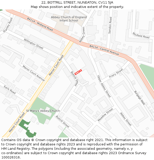 22, BOTTRILL STREET, NUNEATON, CV11 5JA: Location map and indicative extent of plot