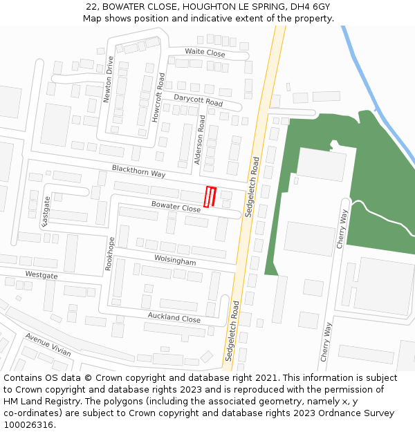 22, BOWATER CLOSE, HOUGHTON LE SPRING, DH4 6GY: Location map and indicative extent of plot
