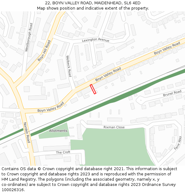 22, BOYN VALLEY ROAD, MAIDENHEAD, SL6 4ED: Location map and indicative extent of plot