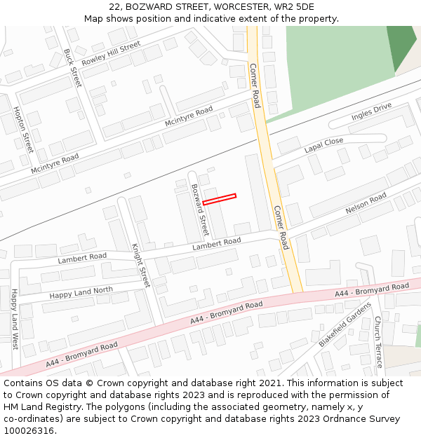 22, BOZWARD STREET, WORCESTER, WR2 5DE: Location map and indicative extent of plot