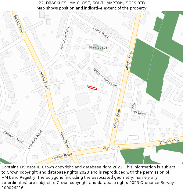 22, BRACKLESHAM CLOSE, SOUTHAMPTON, SO19 8TD: Location map and indicative extent of plot