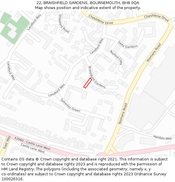 22, BRAISHFIELD GARDENS, BOURNEMOUTH, BH8 0QA: Location map and indicative extent of plot