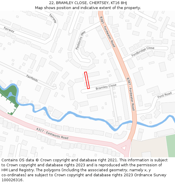 22, BRAMLEY CLOSE, CHERTSEY, KT16 8HJ: Location map and indicative extent of plot