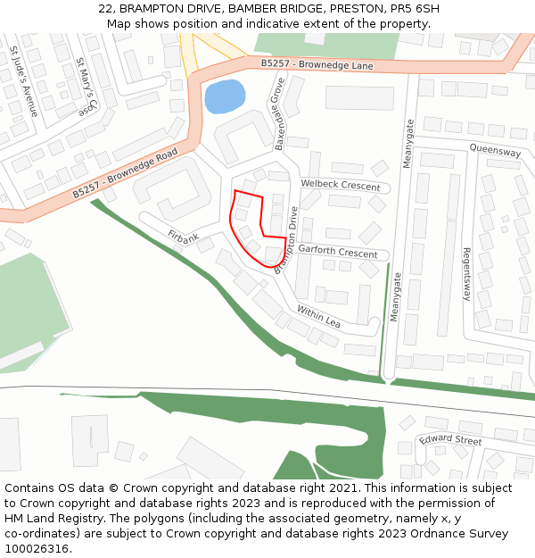 22, BRAMPTON DRIVE, BAMBER BRIDGE, PRESTON, PR5 6SH: Location map and indicative extent of plot