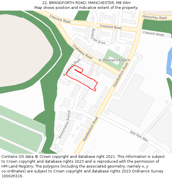 22, BRANDFORTH ROAD, MANCHESTER, M8 0AH: Location map and indicative extent of plot