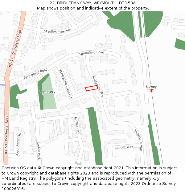 22, BRIDLEBANK WAY, WEYMOUTH, DT3 5RA: Location map and indicative extent of plot