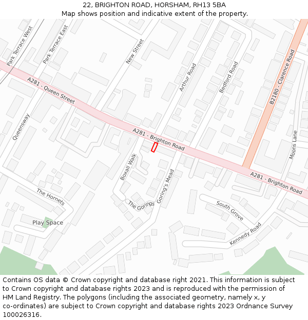 22, BRIGHTON ROAD, HORSHAM, RH13 5BA: Location map and indicative extent of plot