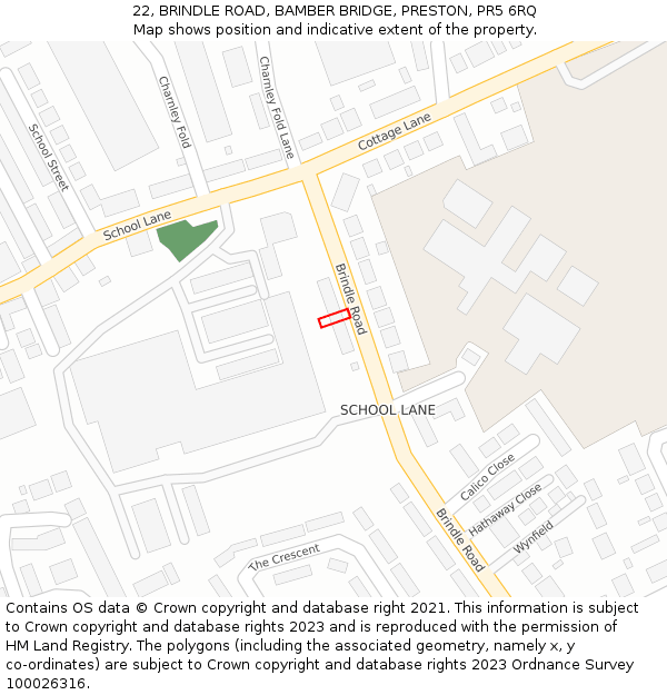 22, BRINDLE ROAD, BAMBER BRIDGE, PRESTON, PR5 6RQ: Location map and indicative extent of plot