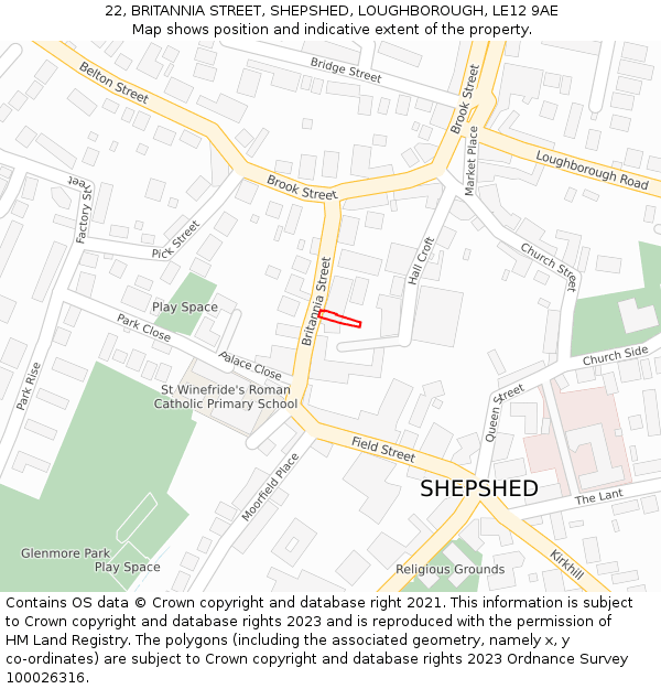 22, BRITANNIA STREET, SHEPSHED, LOUGHBOROUGH, LE12 9AE: Location map and indicative extent of plot