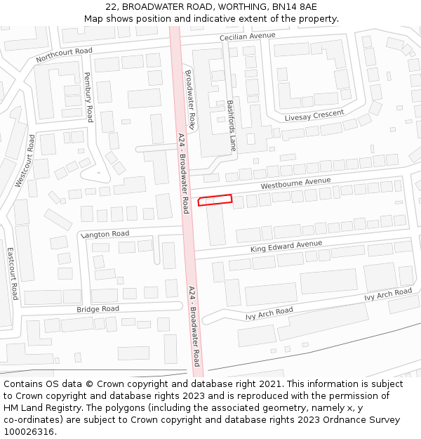 22, BROADWATER ROAD, WORTHING, BN14 8AE: Location map and indicative extent of plot