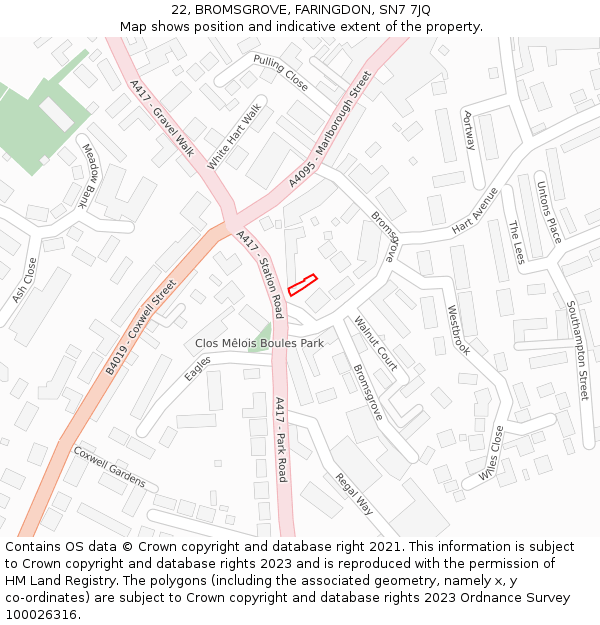22, BROMSGROVE, FARINGDON, SN7 7JQ: Location map and indicative extent of plot