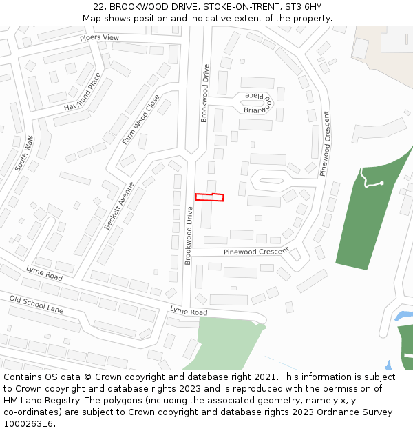 22, BROOKWOOD DRIVE, STOKE-ON-TRENT, ST3 6HY: Location map and indicative extent of plot