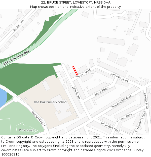 22, BRUCE STREET, LOWESTOFT, NR33 0HA: Location map and indicative extent of plot