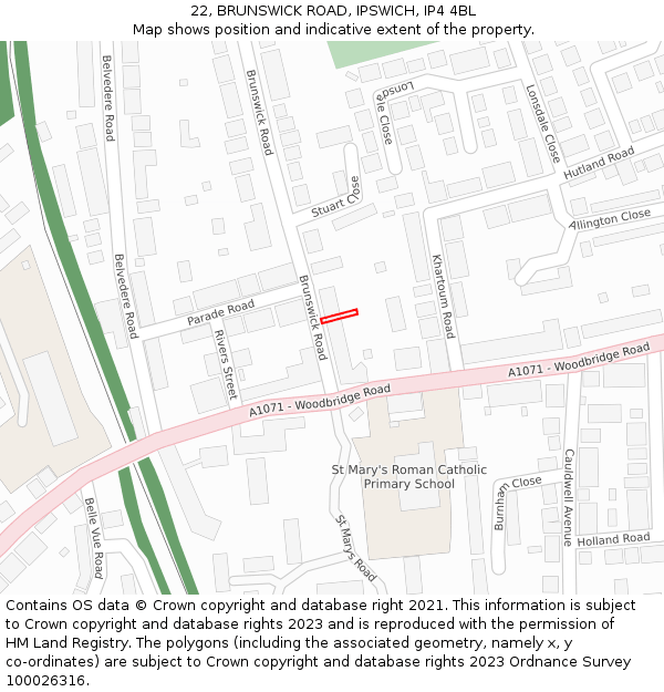 22, BRUNSWICK ROAD, IPSWICH, IP4 4BL: Location map and indicative extent of plot