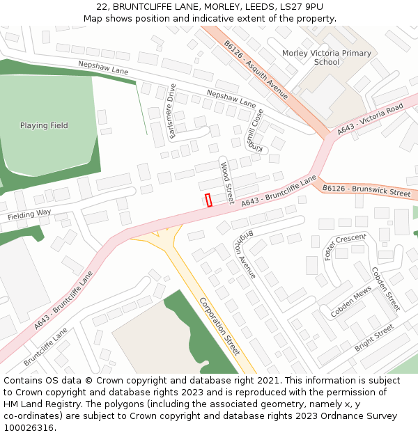 22, BRUNTCLIFFE LANE, MORLEY, LEEDS, LS27 9PU: Location map and indicative extent of plot