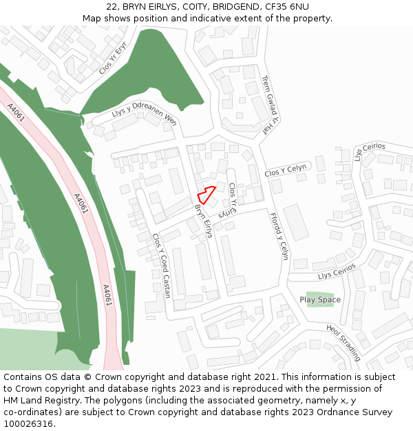 22, BRYN EIRLYS, COITY, BRIDGEND, CF35 6NU: Location map and indicative extent of plot