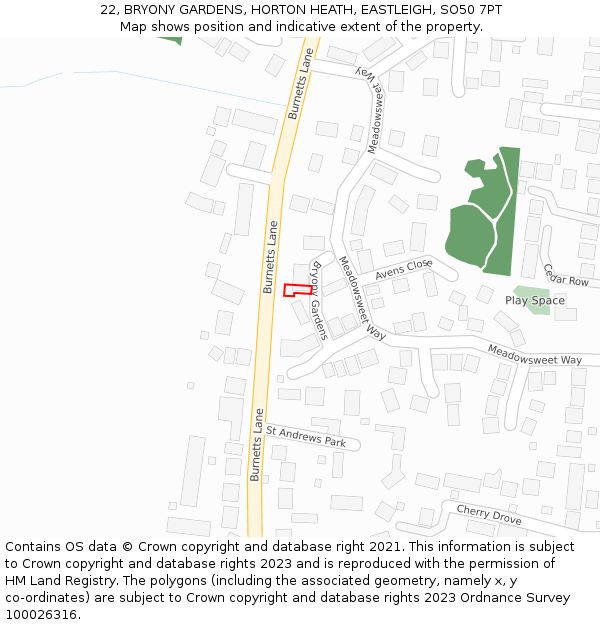 22, BRYONY GARDENS, HORTON HEATH, EASTLEIGH, SO50 7PT: Location map and indicative extent of plot