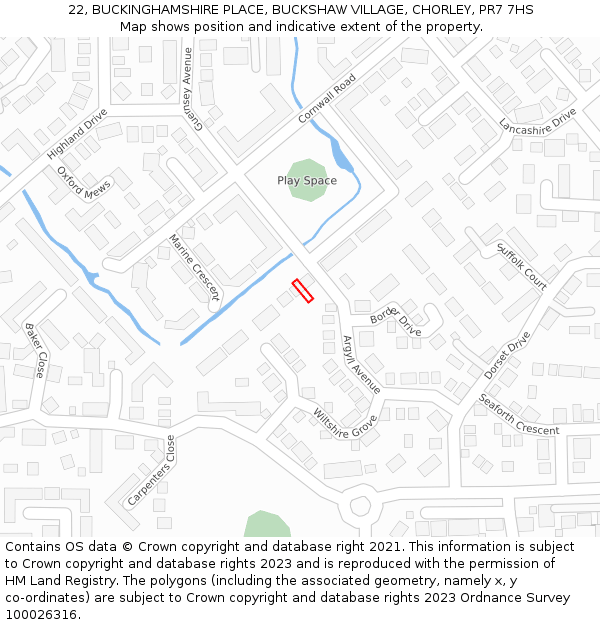 22, BUCKINGHAMSHIRE PLACE, BUCKSHAW VILLAGE, CHORLEY, PR7 7HS: Location map and indicative extent of plot
