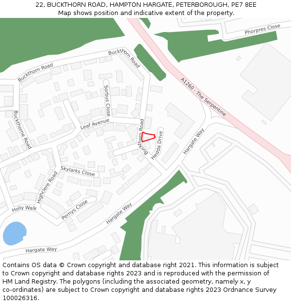 22, BUCKTHORN ROAD, HAMPTON HARGATE, PETERBOROUGH, PE7 8EE: Location map and indicative extent of plot