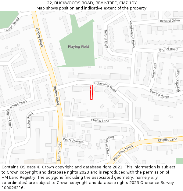 22, BUCKWOODS ROAD, BRAINTREE, CM7 1DY: Location map and indicative extent of plot