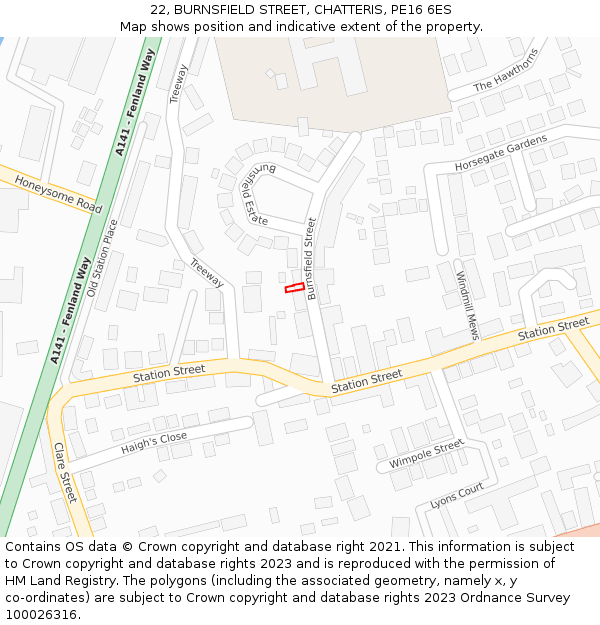 22, BURNSFIELD STREET, CHATTERIS, PE16 6ES: Location map and indicative extent of plot