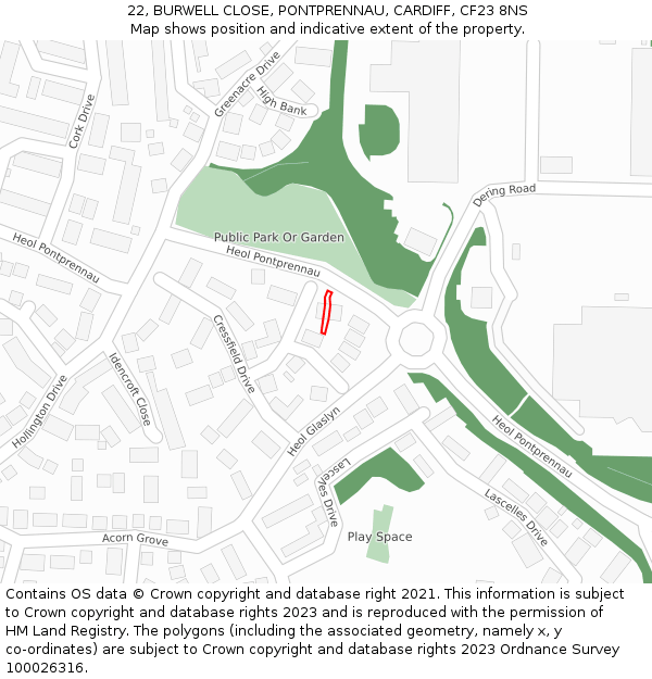 22, BURWELL CLOSE, PONTPRENNAU, CARDIFF, CF23 8NS: Location map and indicative extent of plot
