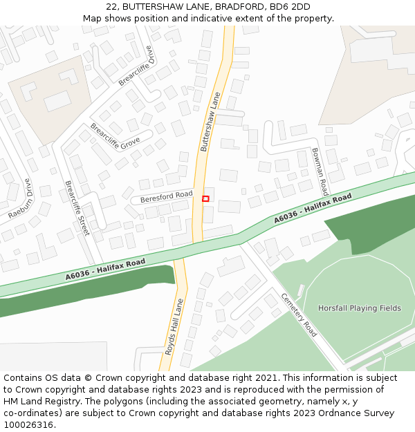 22, BUTTERSHAW LANE, BRADFORD, BD6 2DD: Location map and indicative extent of plot