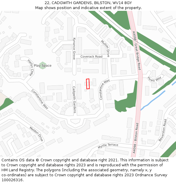 22, CADGWITH GARDENS, BILSTON, WV14 8GY: Location map and indicative extent of plot