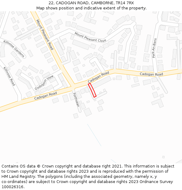22, CADOGAN ROAD, CAMBORNE, TR14 7RX: Location map and indicative extent of plot