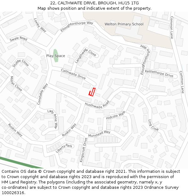 22, CALTHWAITE DRIVE, BROUGH, HU15 1TG: Location map and indicative extent of plot