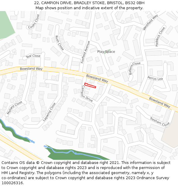 22, CAMPION DRIVE, BRADLEY STOKE, BRISTOL, BS32 0BH: Location map and indicative extent of plot