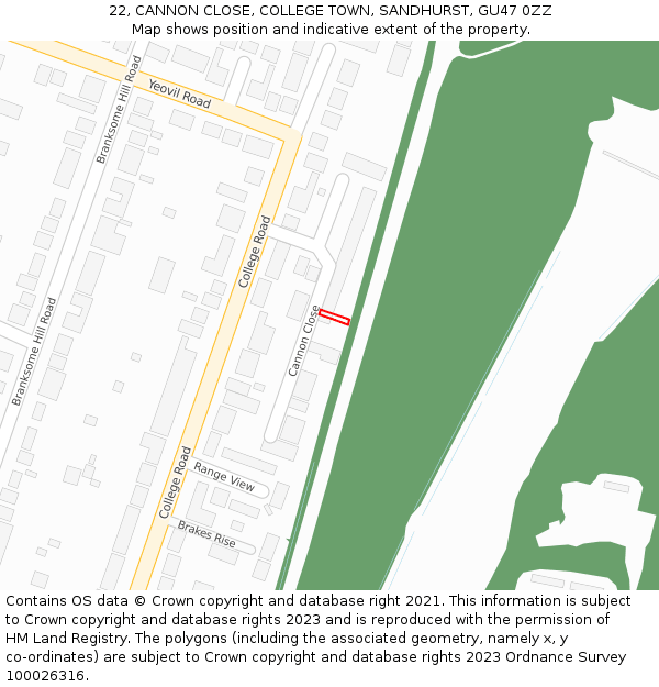 22, CANNON CLOSE, COLLEGE TOWN, SANDHURST, GU47 0ZZ: Location map and indicative extent of plot