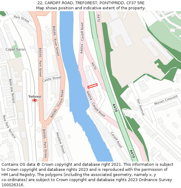 22, CARDIFF ROAD, TREFOREST, PONTYPRIDD, CF37 5RE: Location map and indicative extent of plot