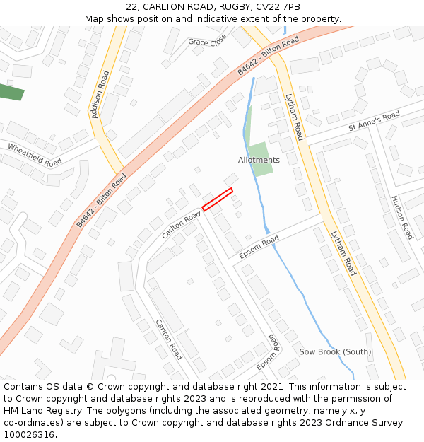 22, CARLTON ROAD, RUGBY, CV22 7PB: Location map and indicative extent of plot
