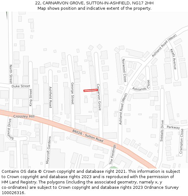 22, CARNARVON GROVE, SUTTON-IN-ASHFIELD, NG17 2HH: Location map and indicative extent of plot